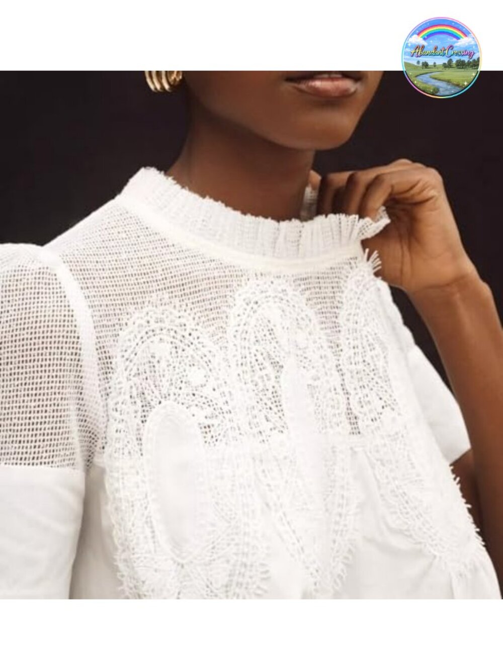 Women Lace Detail Flared Blouse Short Sleeve Crew Neck Poplin Mesh Swing Top - Picture 5 of 6